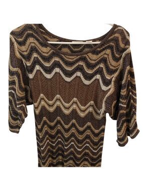 Cato Brown Cream Chevron Knit Crew Neck Sweater Metallic Flare Sleeves